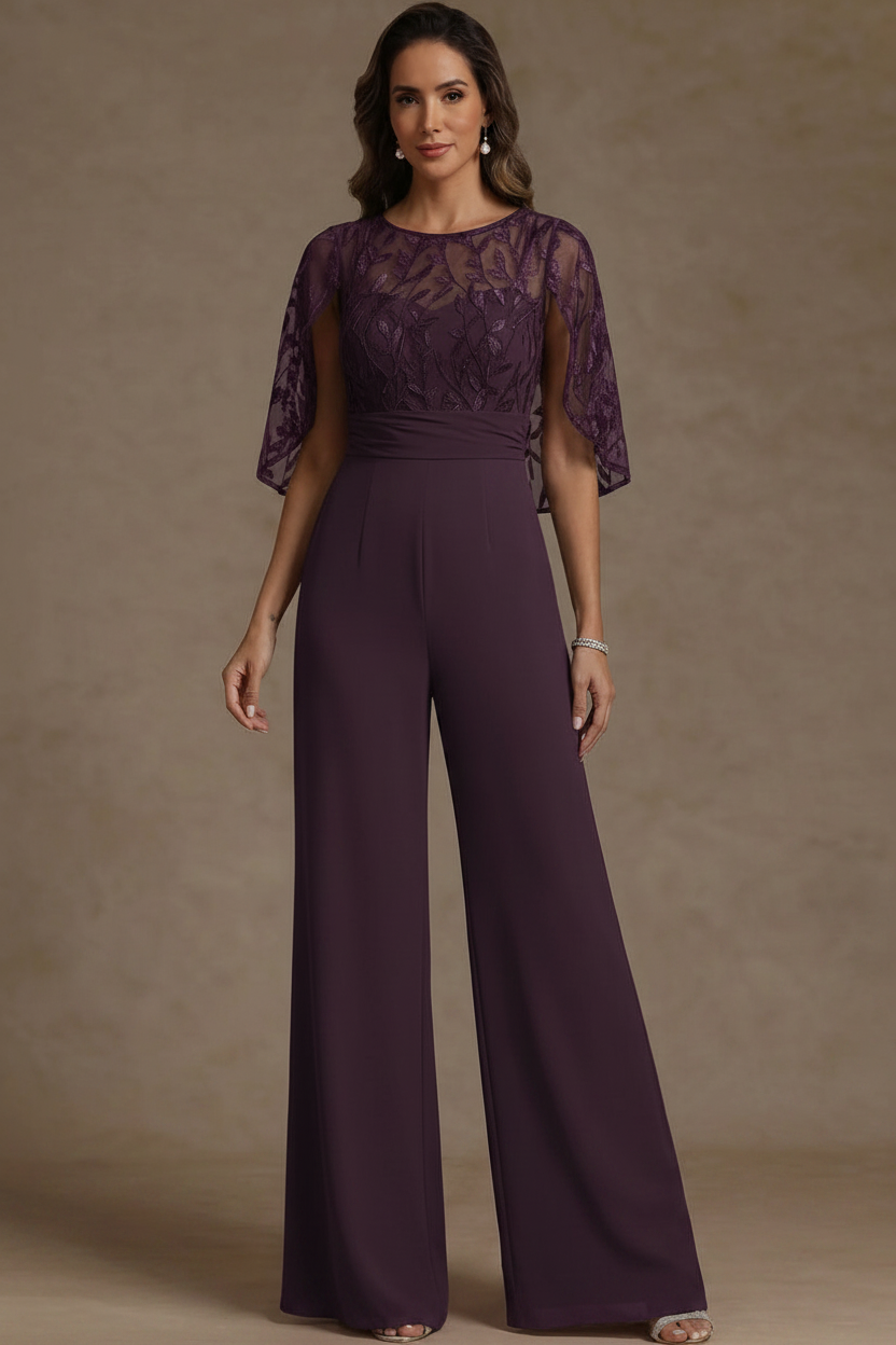 Chiffon Mother of the Bride Jumpsuits Scoop Lace Floor-Length Cape Sleeves