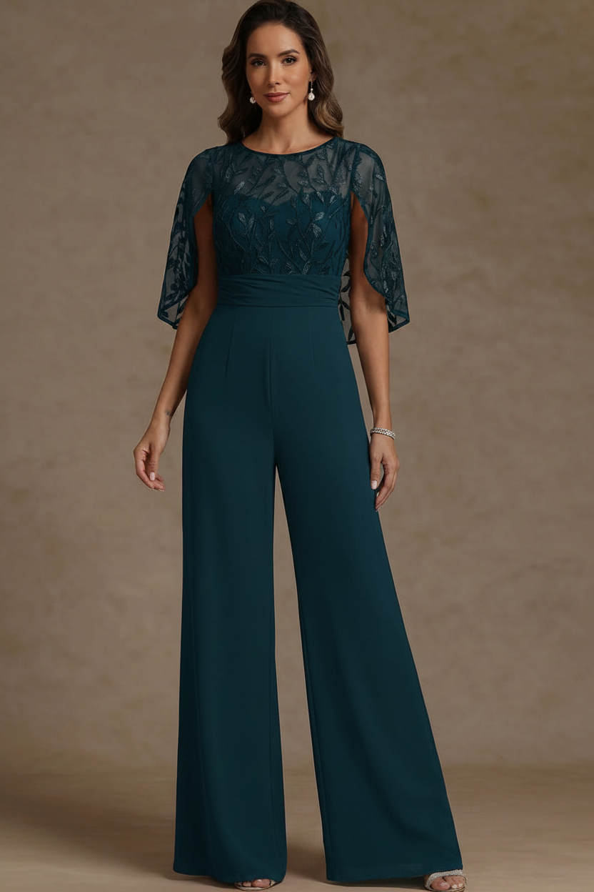 Chiffon Mother of the Bride Jumpsuits Scoop Lace Floor-Length Cape Sleeves