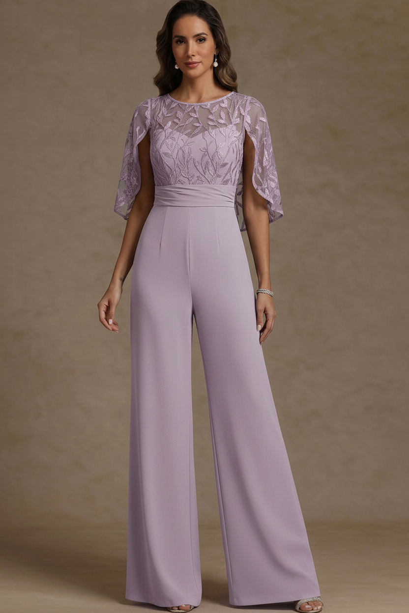 Chiffon Mother of the Bride Jumpsuits Scoop Lace Floor-Length Cape Sleeves