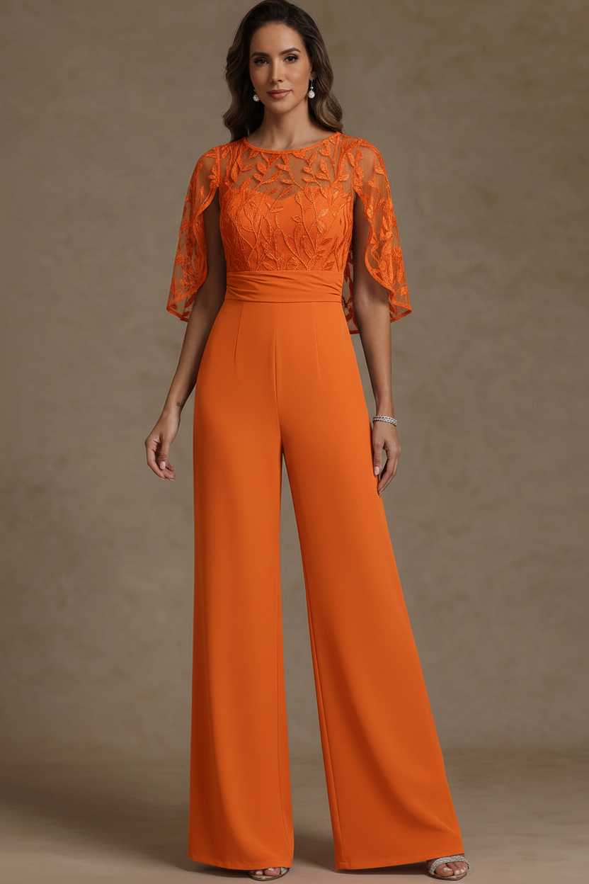 Chiffon Mother of the Bride Jumpsuits Scoop Lace Floor-Length Cape Sleeves