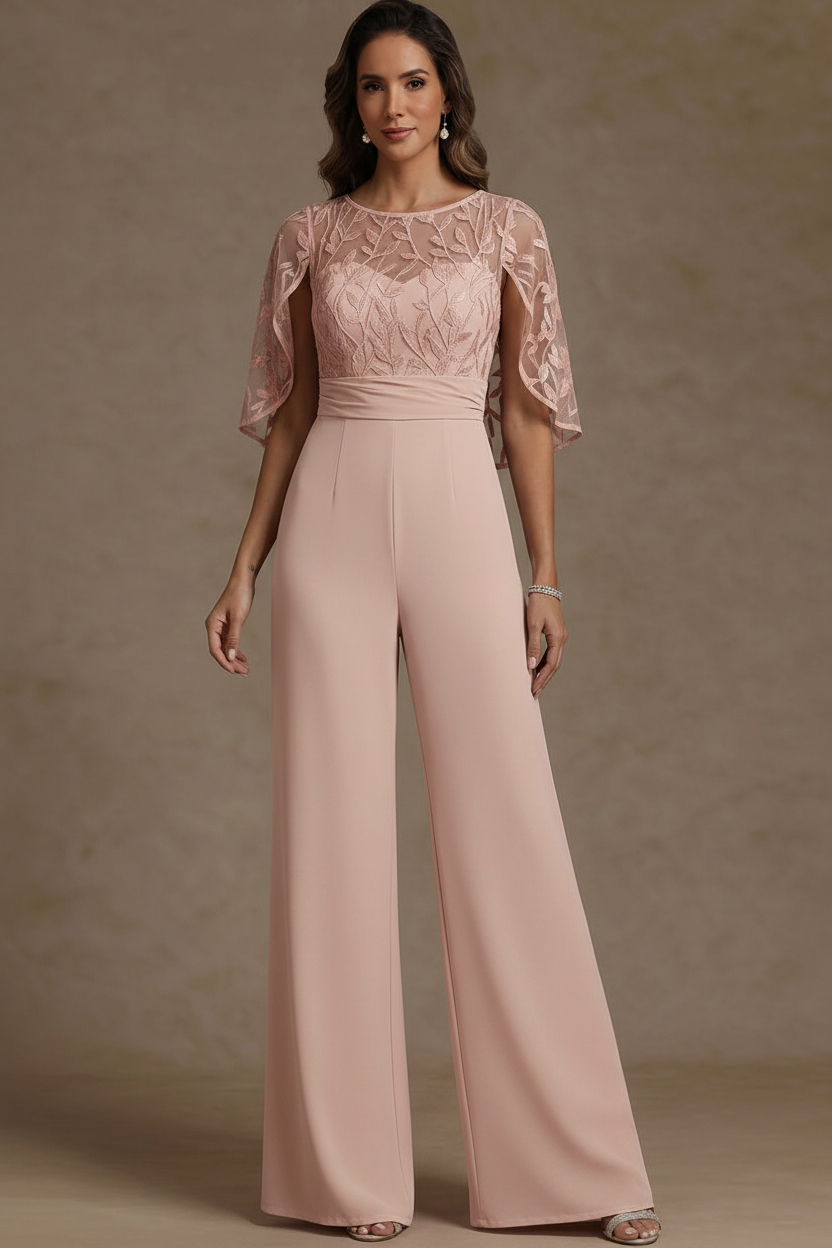 Chiffon Mother of the Bride Jumpsuits Scoop Lace Floor-Length Cape Sleeves