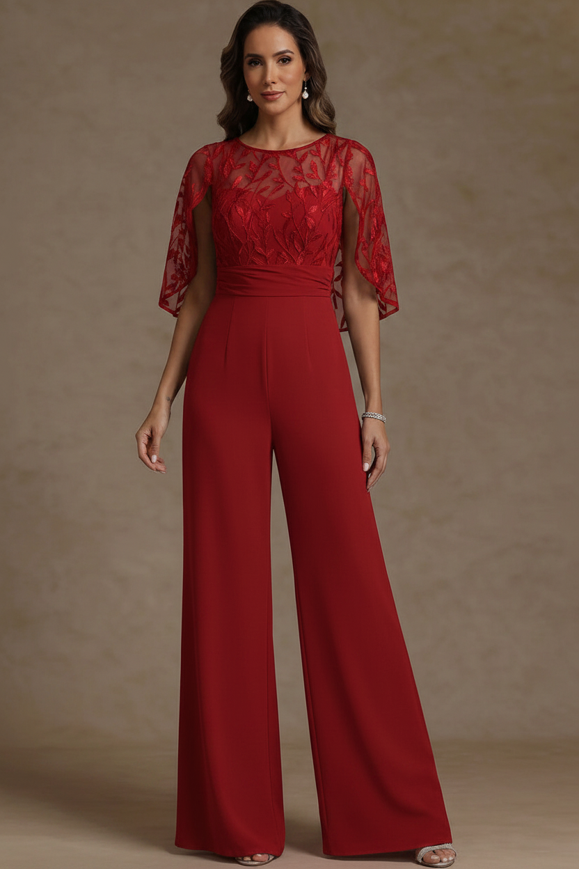 Chiffon Mother of the Bride Jumpsuits Scoop Lace Floor-Length Cape Sleeves