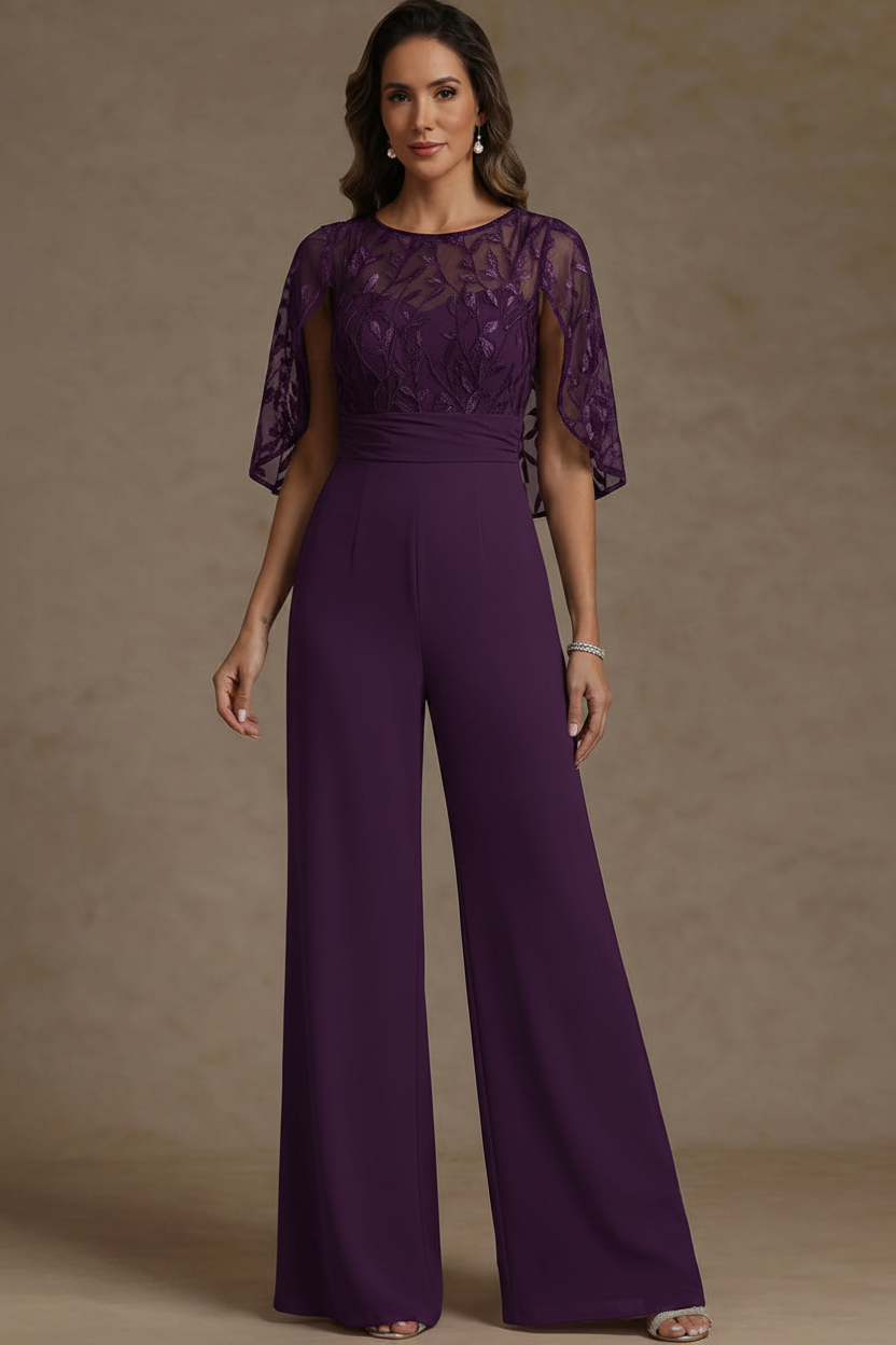 Chiffon Mother of the Bride Jumpsuits Scoop Lace Floor-Length Cape Sleeves