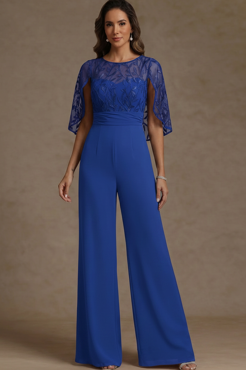 Chiffon Mother of the Bride Jumpsuits Scoop Lace Floor-Length Cape Sleeves