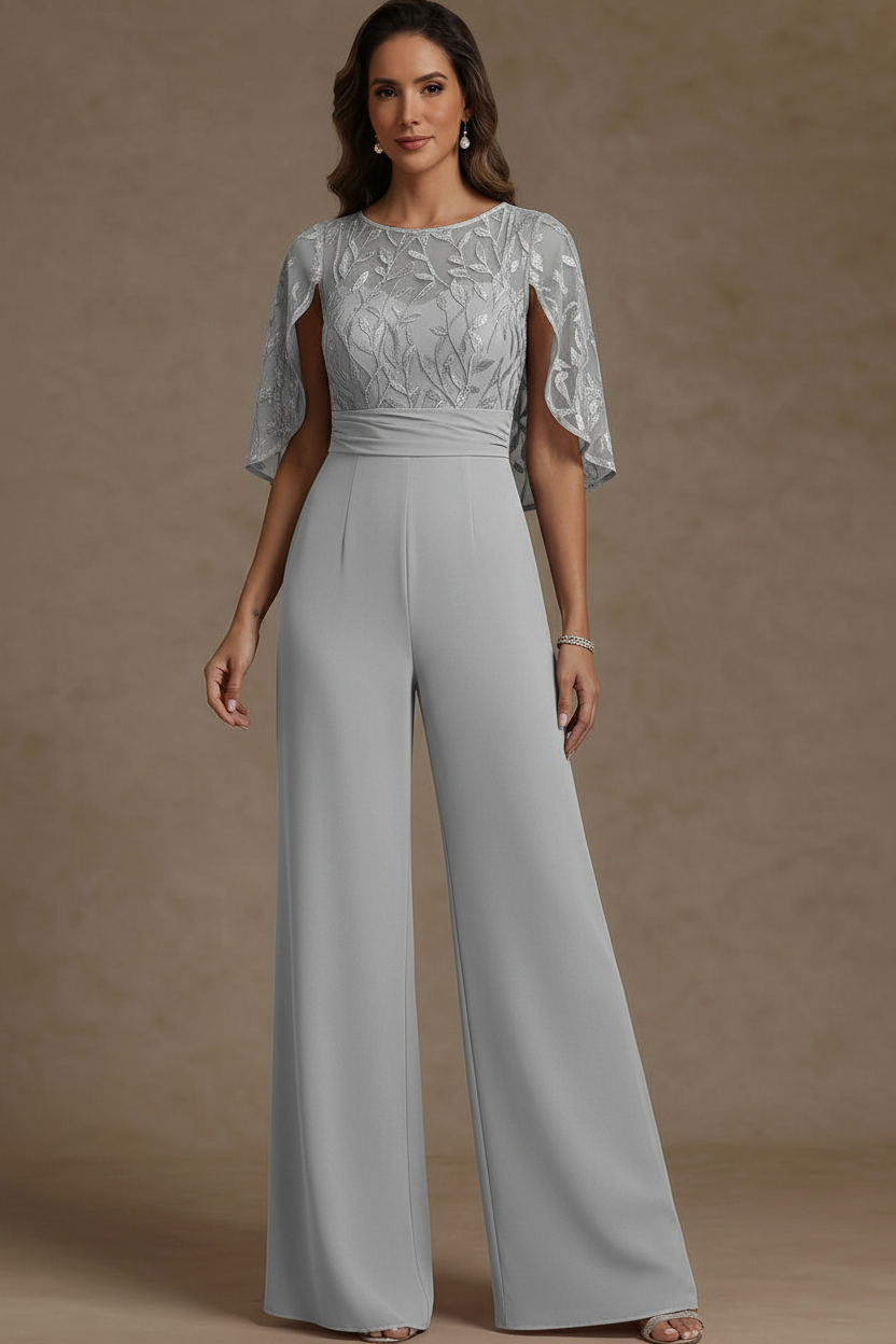 Chiffon Mother of the Bride Jumpsuits Scoop Lace Floor-Length Cape Sleeves