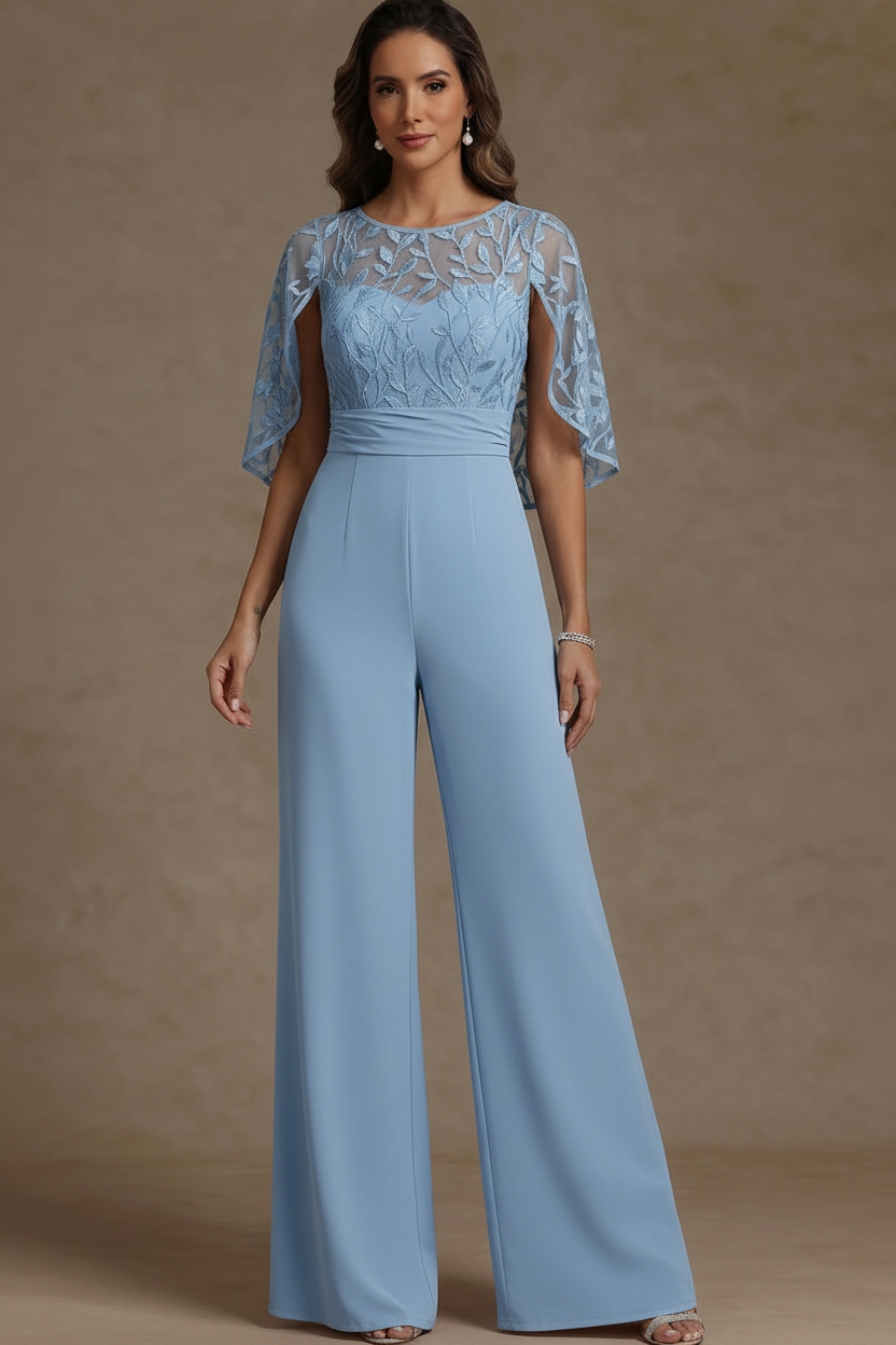 Chiffon Mother of the Bride Jumpsuits Scoop Lace Floor-Length Cape Sleeves