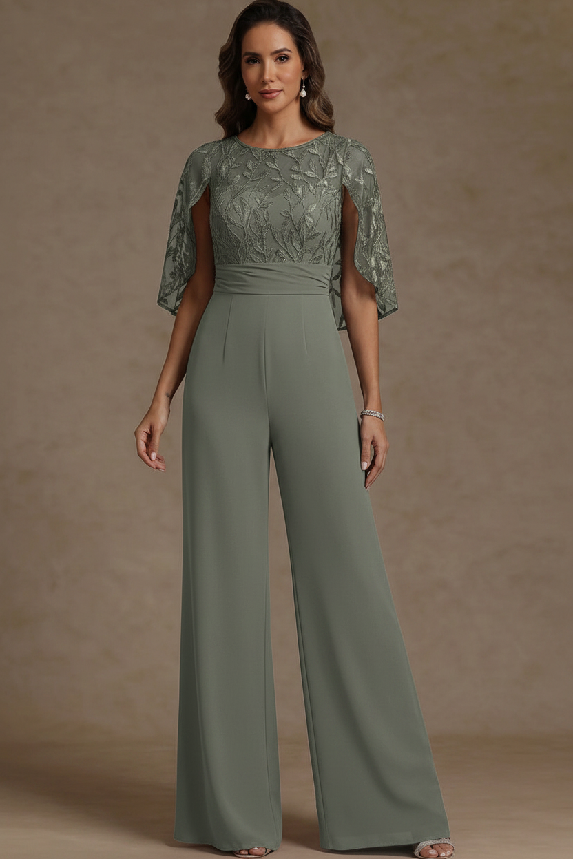 Chiffon Mother of the Bride Jumpsuits Scoop Lace Floor-Length Cape Sleeves