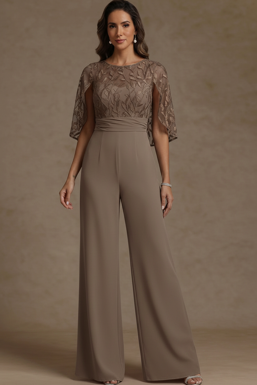 Chiffon Mother of the Bride Jumpsuits Scoop Lace Floor-Length Cape Sleeves