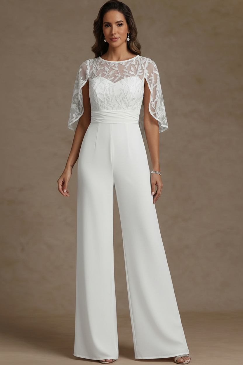 Chiffon Mother of the Bride Jumpsuits Scoop Lace Floor-Length Cape Sleeves