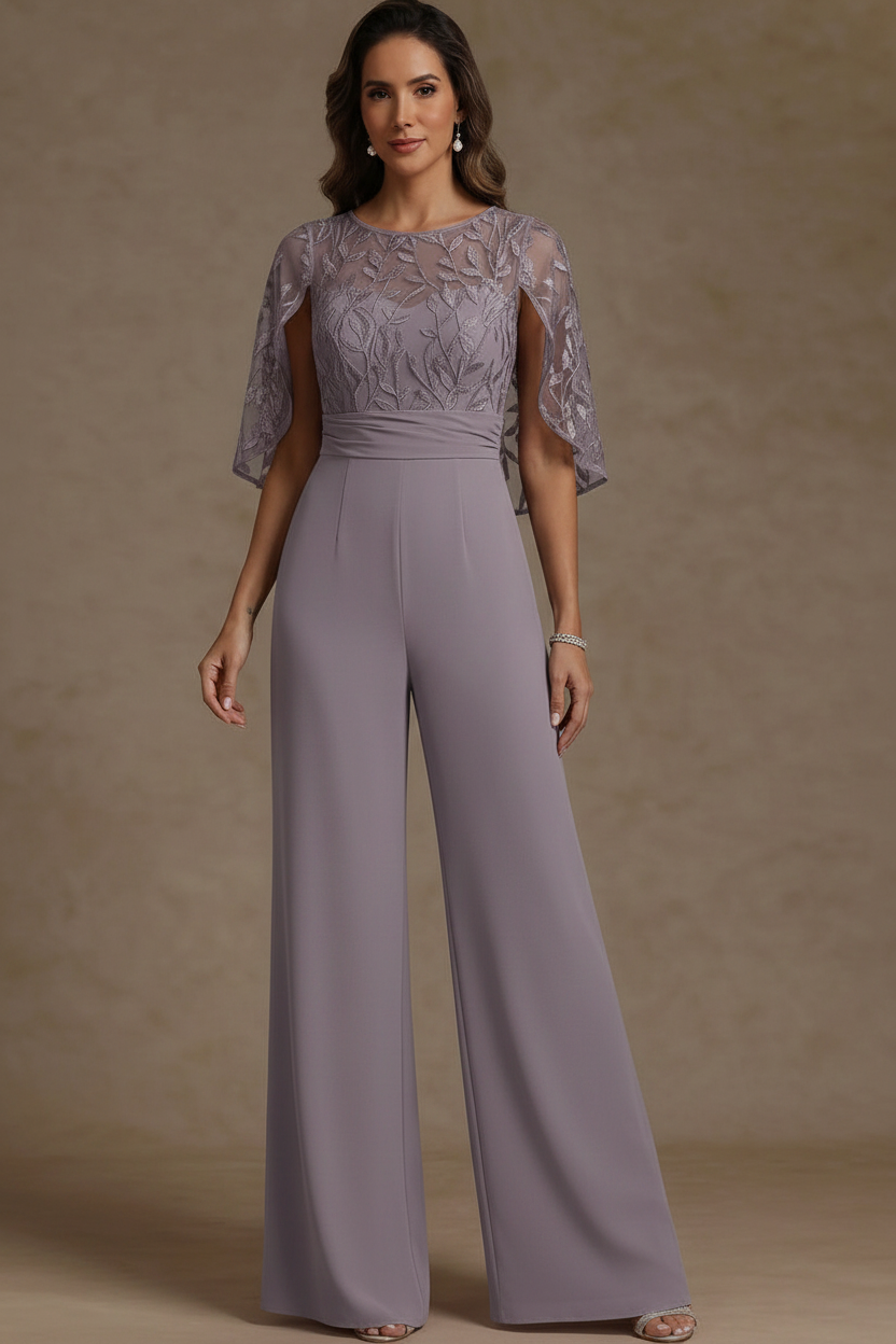 Chiffon Mother of the Bride Jumpsuits Scoop Lace Floor-Length Cape Sleeves