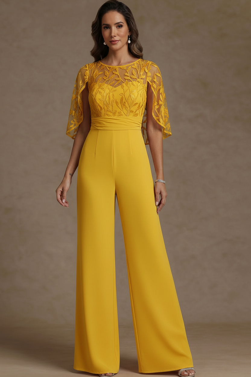 Chiffon Mother of the Bride Jumpsuits Scoop Lace Floor-Length Cape Sleeves