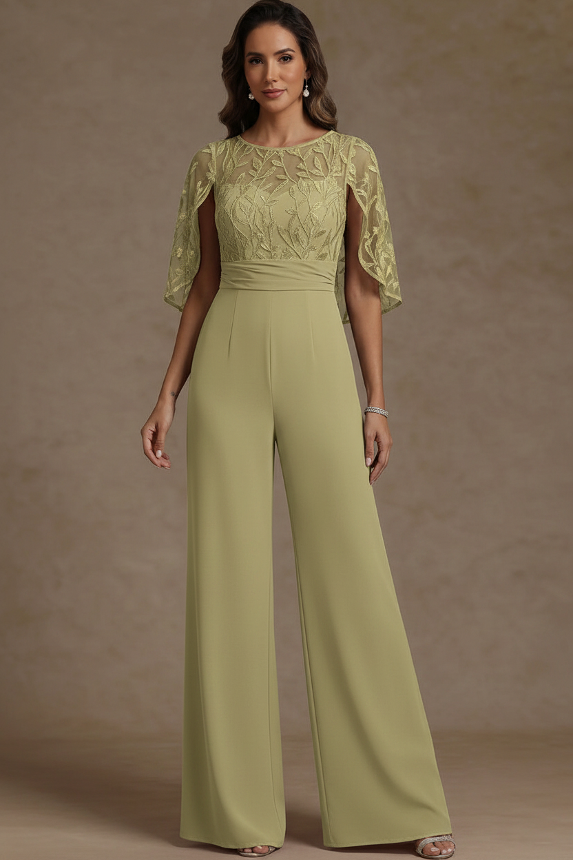 Chiffon Mother of the Bride Jumpsuits Scoop Lace Floor-Length Cape Sleeves