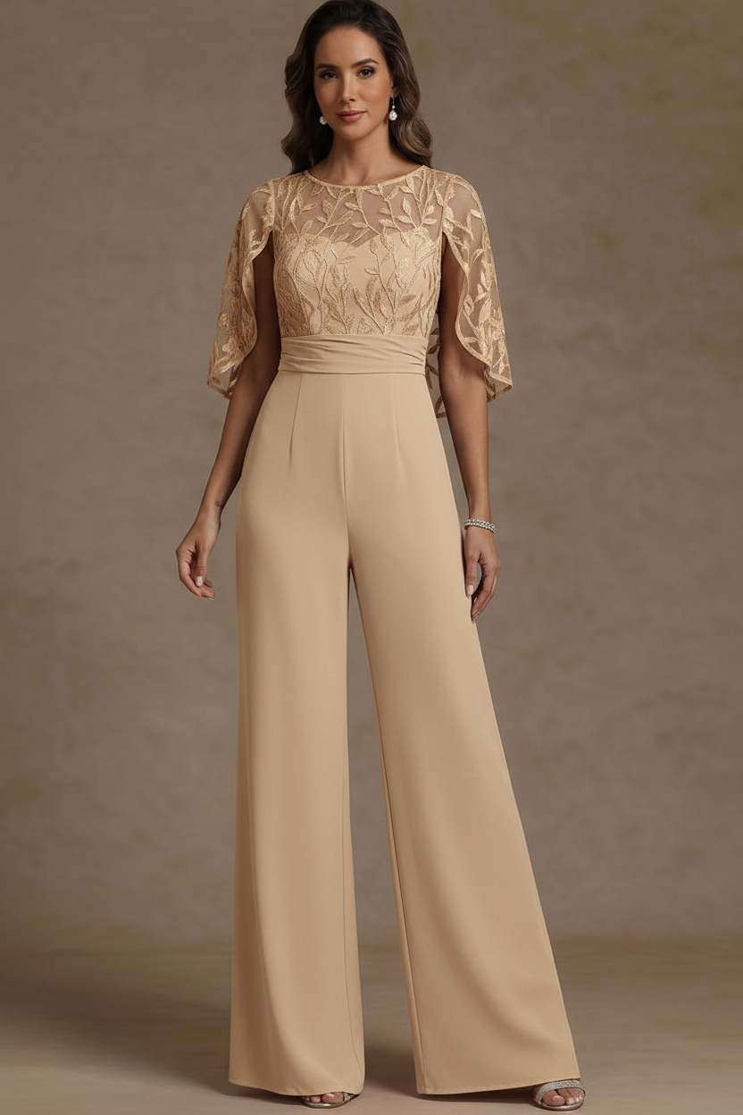 Chiffon Mother of the Bride Jumpsuits Scoop Lace Floor-Length Cape Sleeves