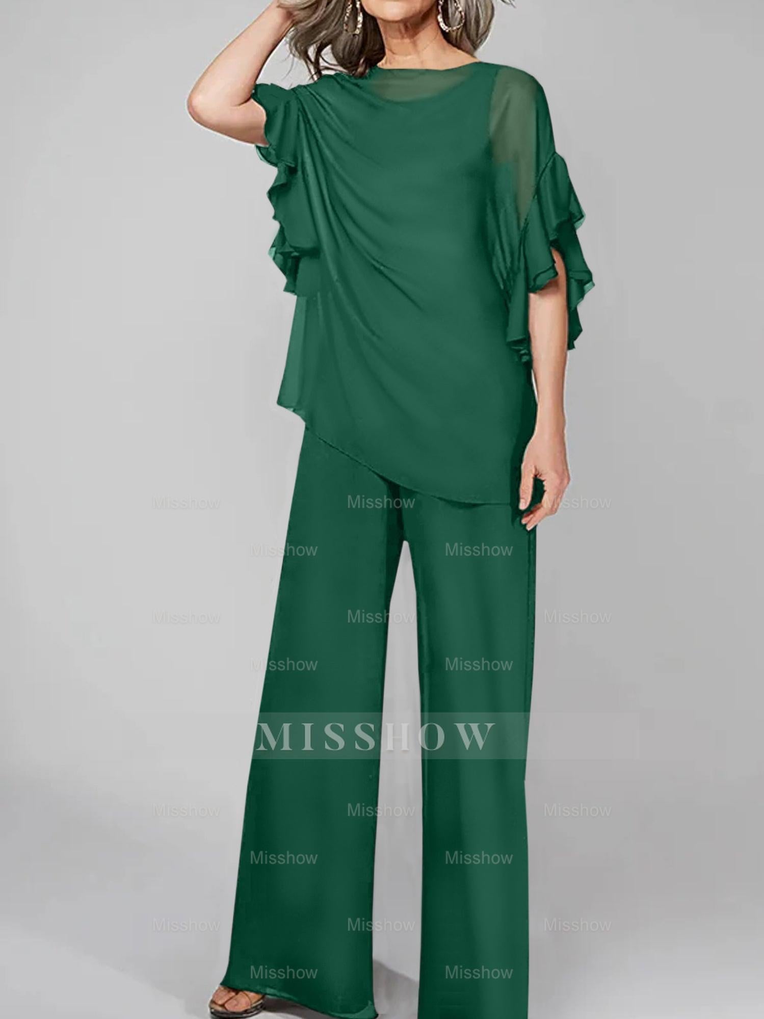 Chiffon Mother of the Bride Pantsuits with Scoop Neck and Half Sleeves