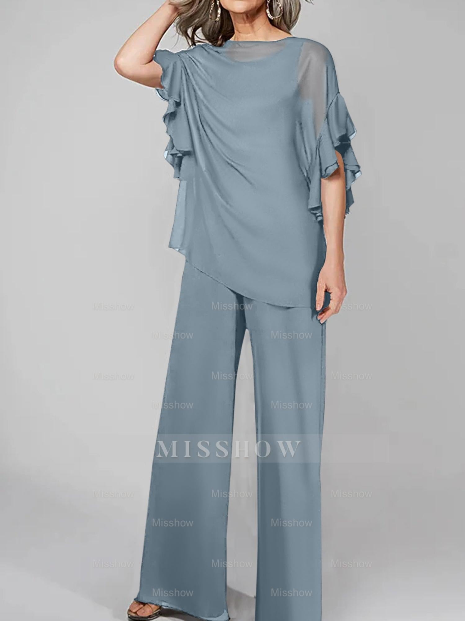 Chiffon Mother of the Bride Pantsuits with Scoop Neck and Half Sleeves