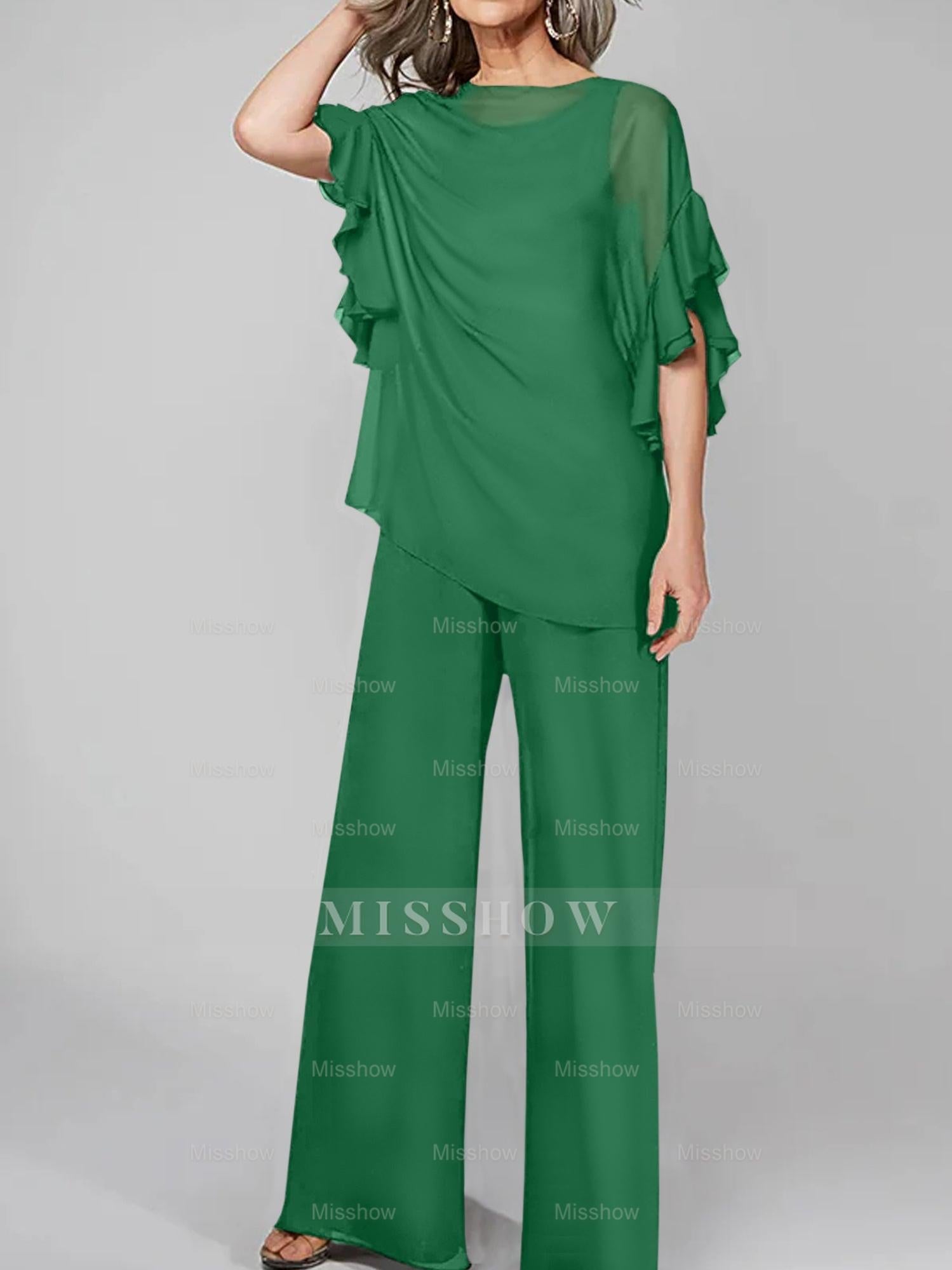 Chiffon Mother of the Bride Pantsuits with Scoop Neck and Half Sleeves
