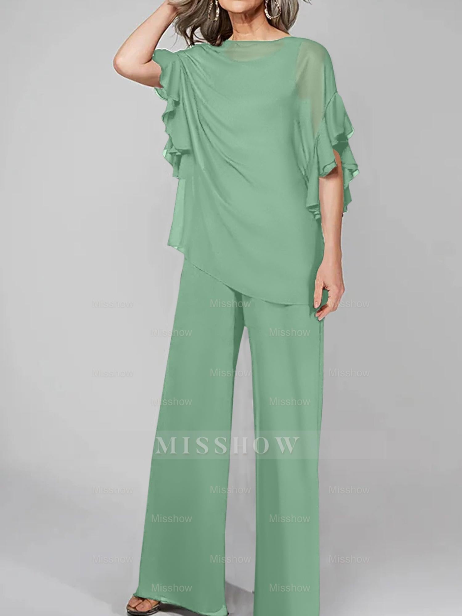 Chiffon Mother of the Bride Pantsuits with Scoop Neck and Half Sleeves