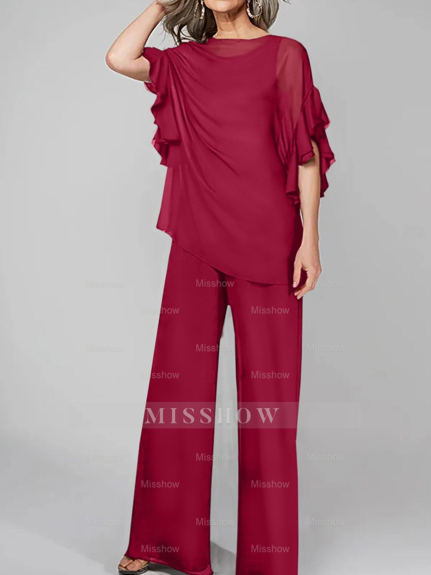 Chiffon Mother of the Bride Pantsuits with Scoop Neck and Half Sleeves