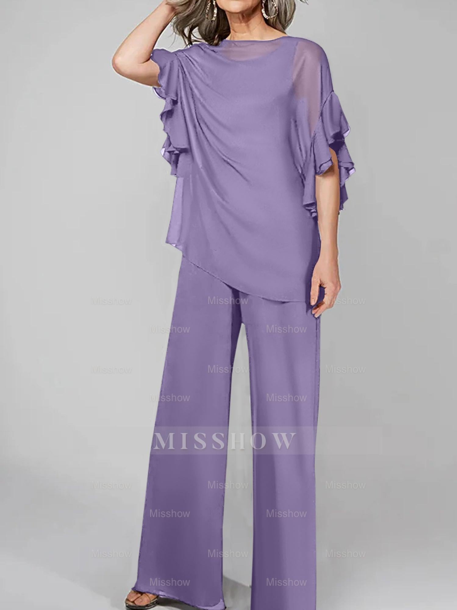 Chiffon Mother of the Bride Pantsuits with Scoop Neck and Half Sleeves