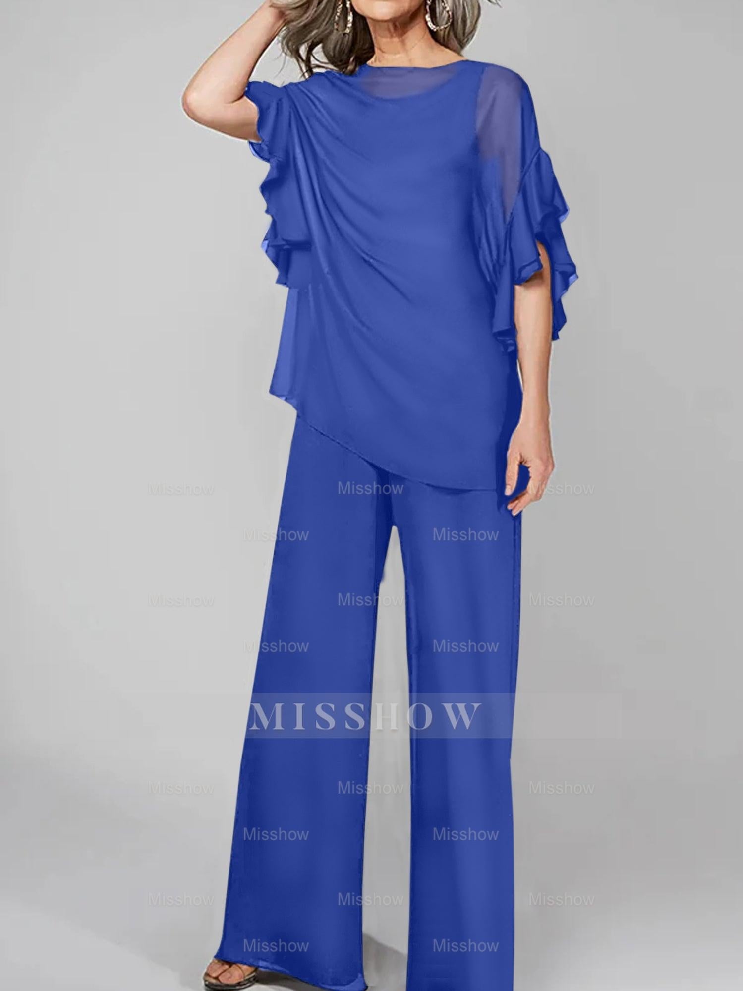 Chiffon Mother of the Bride Pantsuits with Scoop Neck and Half Sleeves