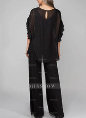 Chiffon Mother of the Bride Pantsuits with Scoop Neck and Half Sleeves