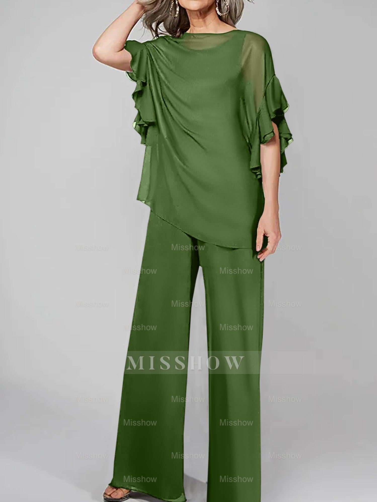 Chiffon Mother of the Bride Pantsuits with Scoop Neck and Half Sleeves