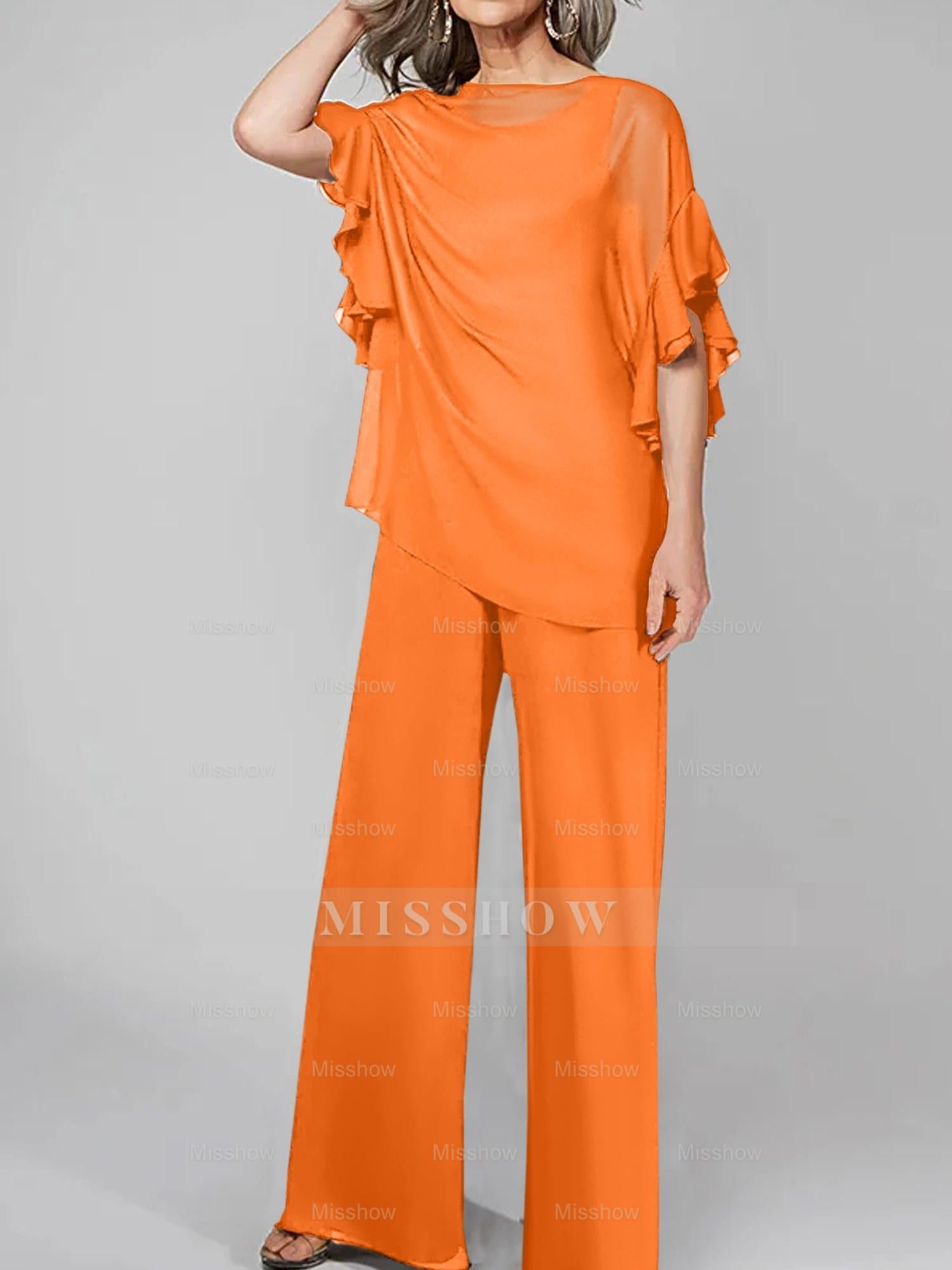 Chiffon Mother of the Bride Pantsuits with Scoop Neck and Half Sleeves
