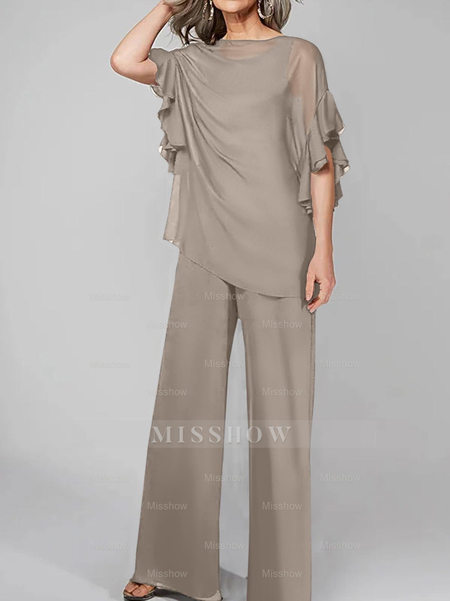 Chiffon Mother of the Bride Pantsuits with Scoop Neck and Half Sleeves