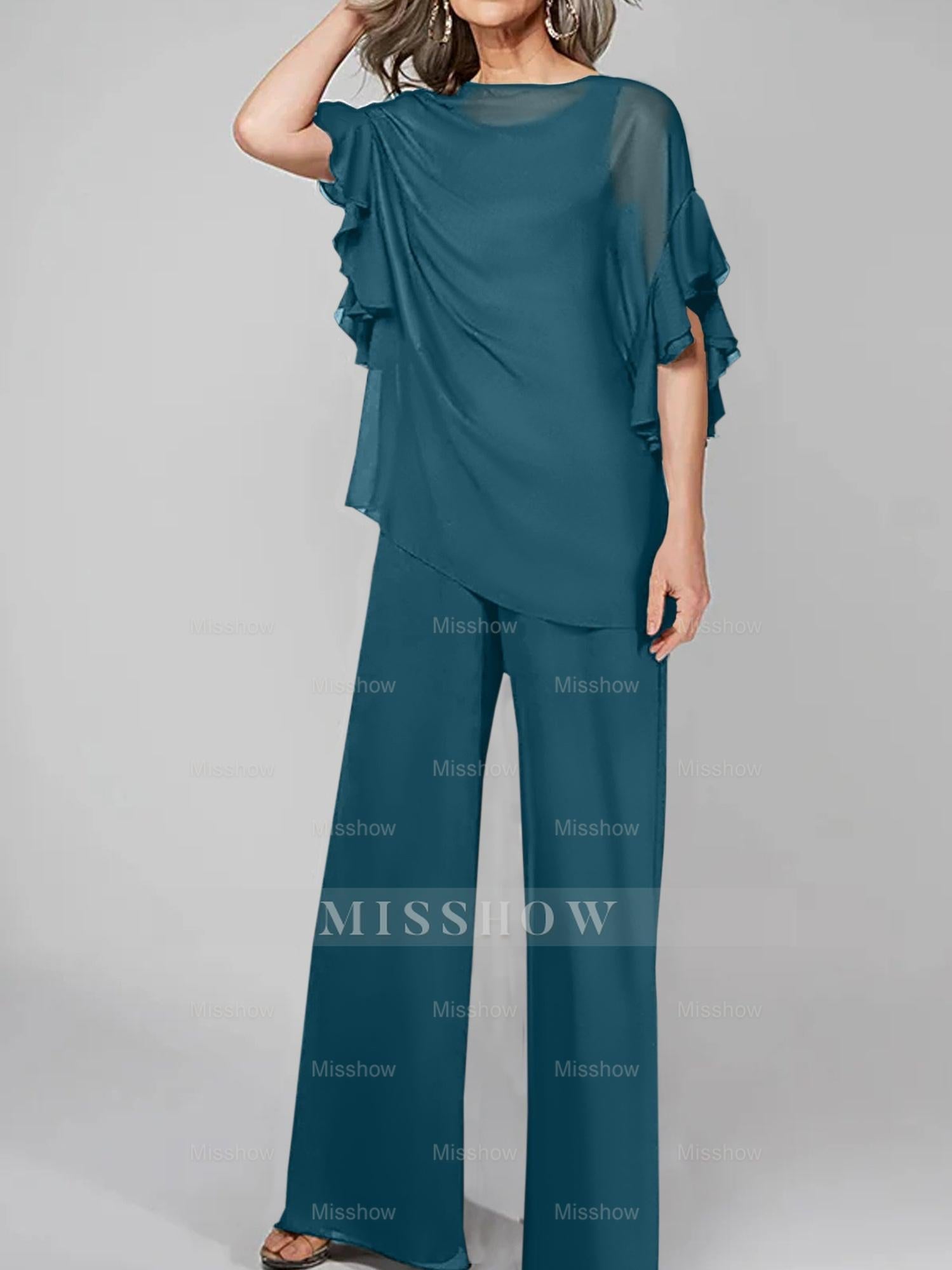 Chiffon Mother of the Bride Pantsuits with Scoop Neck and Half Sleeves