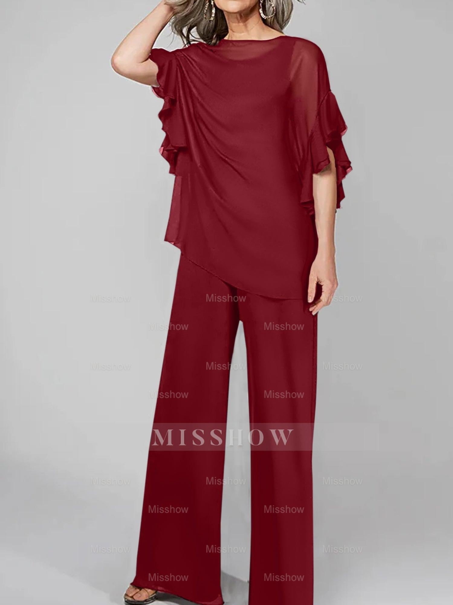 Chiffon Mother of the Bride Pantsuits with Scoop Neck and Half Sleeves