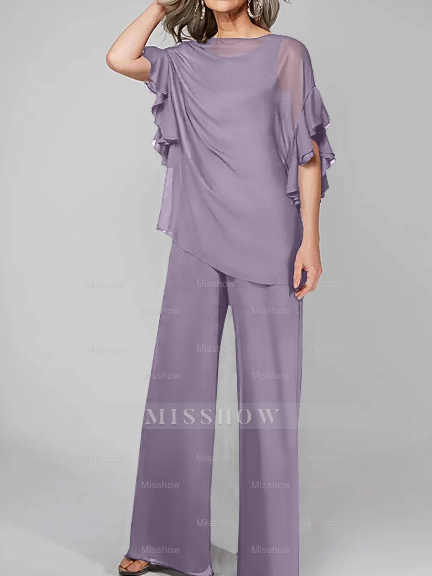 Chiffon Mother of the Bride Pantsuits with Scoop Neck and Half Sleeves