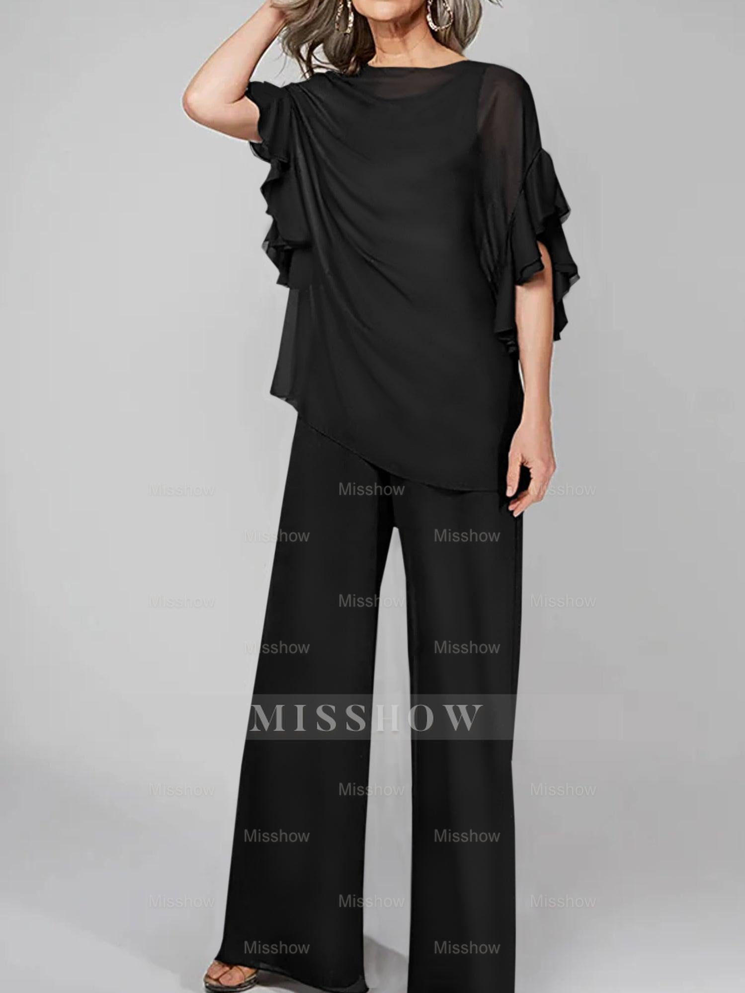 Chiffon Mother of the Bride Pantsuits with Scoop Neck and Half Sleeves