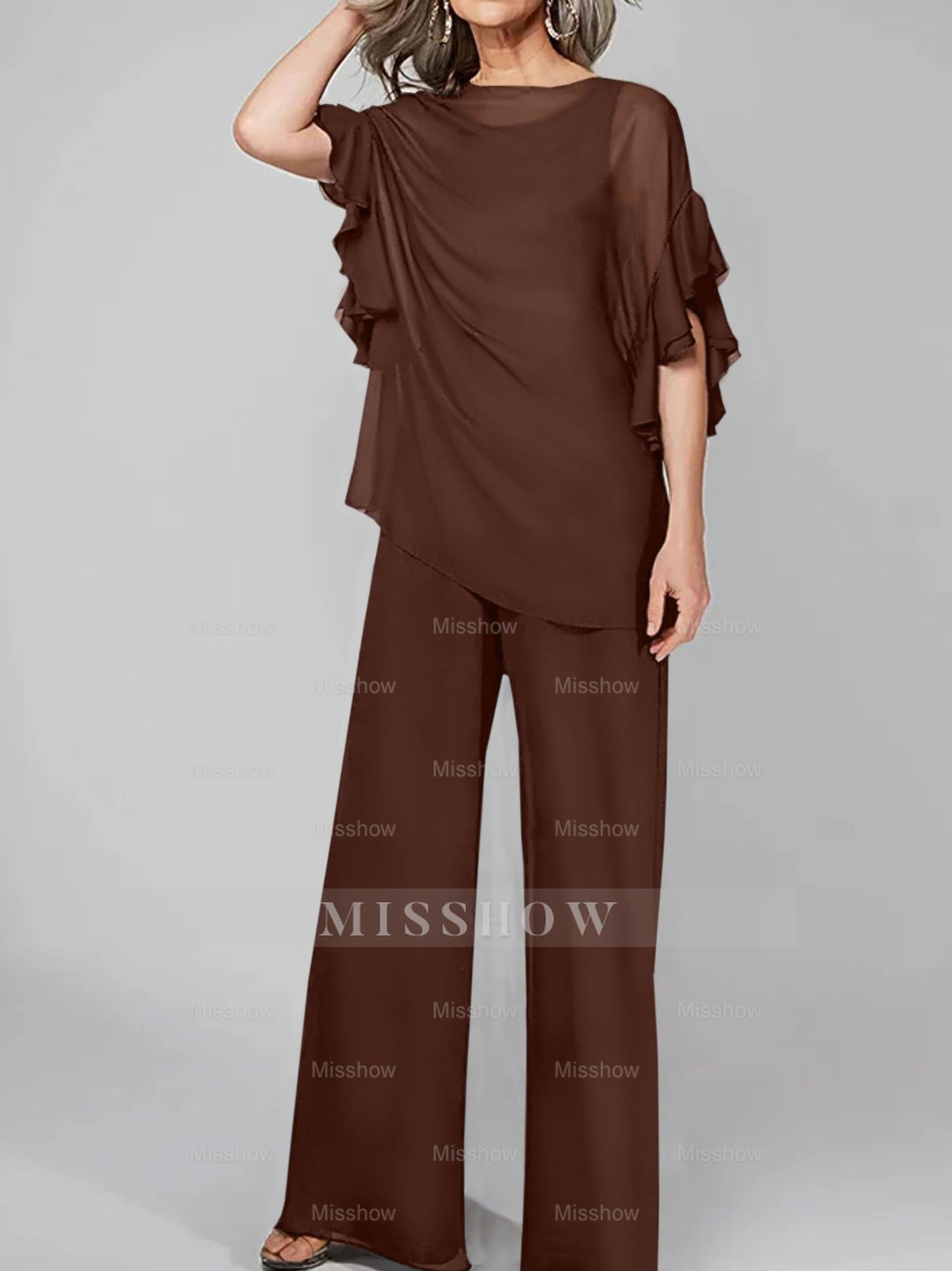 Chiffon Mother of the Bride Pantsuits with Scoop Neck and Half Sleeves