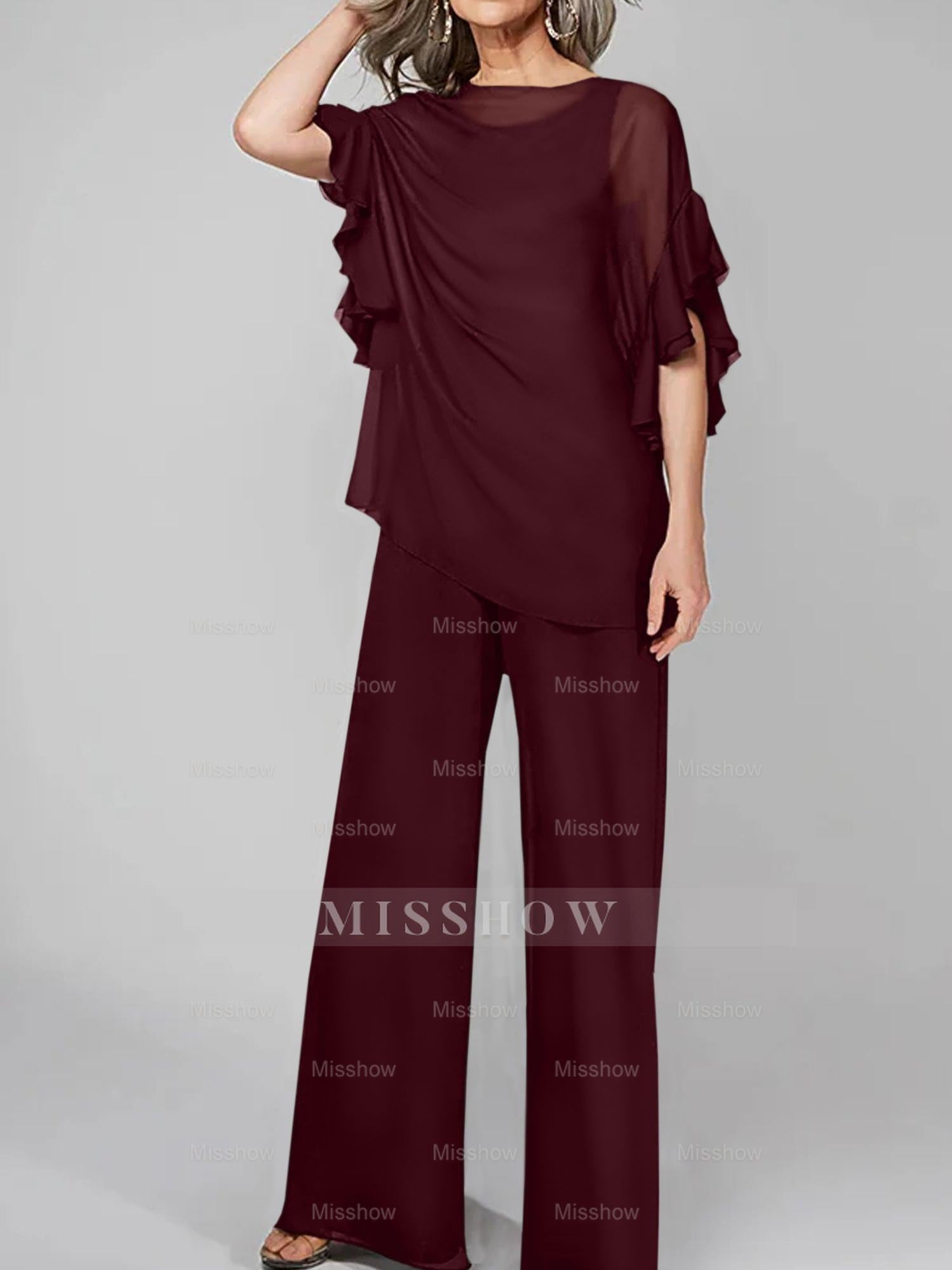 Chiffon Mother of the Bride Pantsuits with Scoop Neck and Half Sleeves