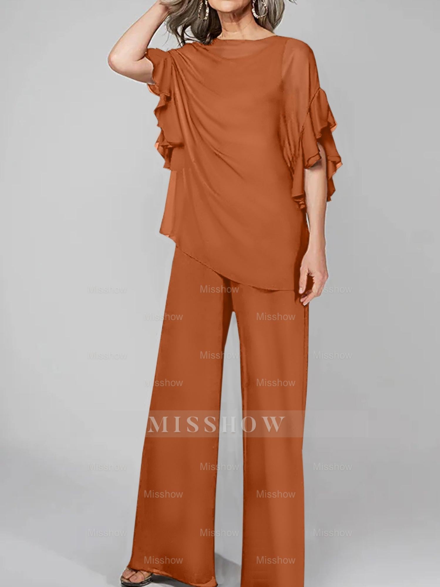 Chiffon Mother of the Bride Pantsuits with Scoop Neck and Half Sleeves