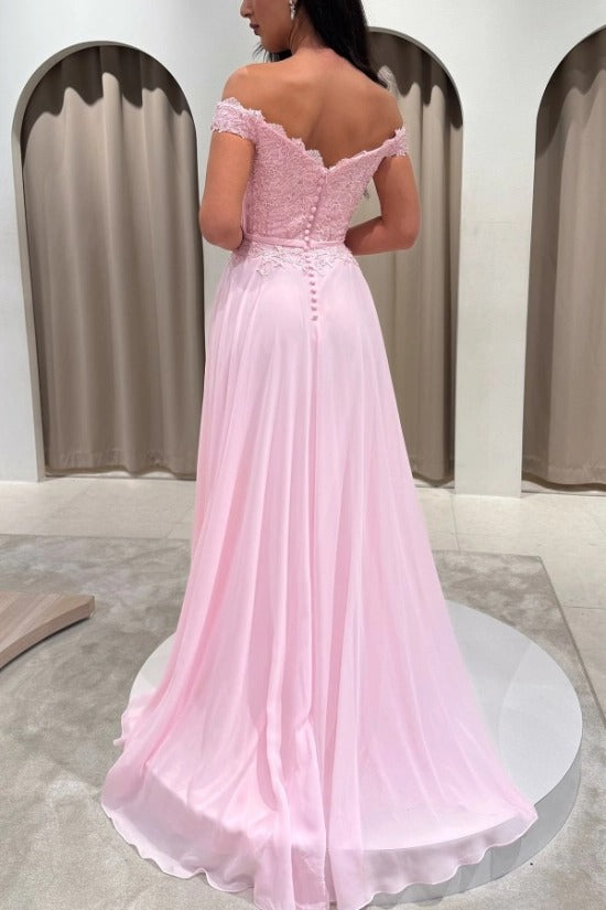 Chiffon Off-the-Shoulder A-Line Evening Dress Sweetheart Lace Applique Corset Side Slit Formal Gown with Pockets
