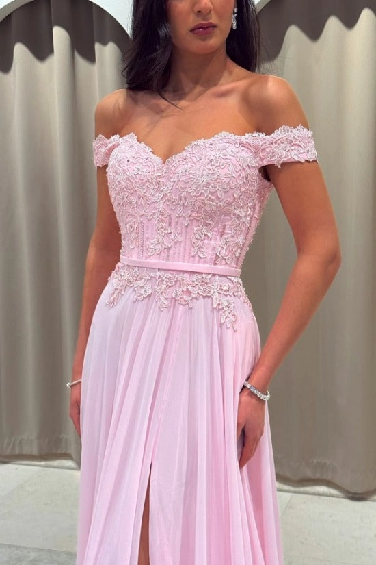 Chiffon Off-the-Shoulder A-Line Evening Dress Sweetheart Lace Applique Corset Side Slit Formal Gown with Pockets