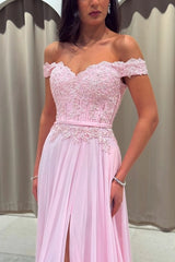 Chiffon Off-the-Shoulder A-Line Evening Dress Sweetheart Lace Applique Corset Side Slit Formal Gown with Pockets