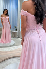 Chiffon Off-the-Shoulder A-Line Evening Dress Sweetheart Lace Applique Corset Side Slit Formal Gown with Pockets