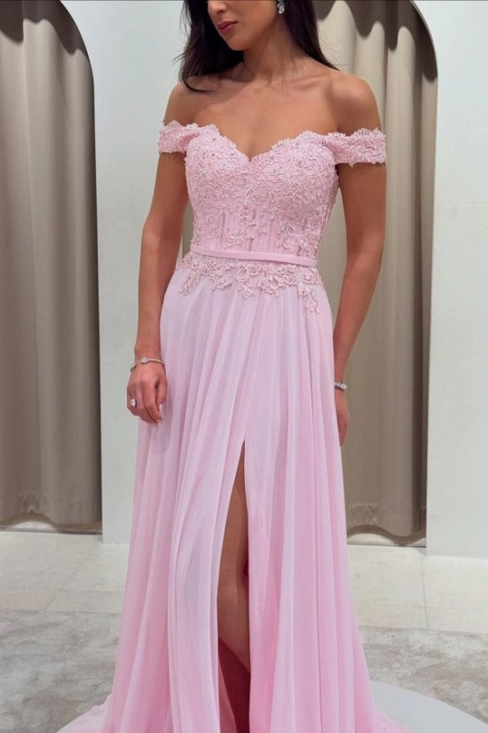 Chiffon Off-the-Shoulder A-Line Evening Dress Sweetheart Lace Applique Corset Side Slit Formal Gown with Pockets