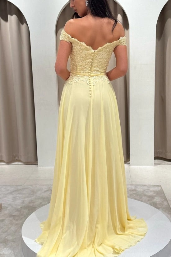 Chiffon Off-the-Shoulder A-Line Evening Dress Sweetheart Lace Applique Corset Side Slit Formal Gown with Pockets