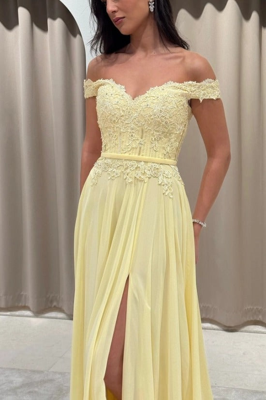 Chiffon Off-the-Shoulder A-Line Evening Dress Sweetheart Lace Applique Corset Side Slit Formal Gown with Pockets
