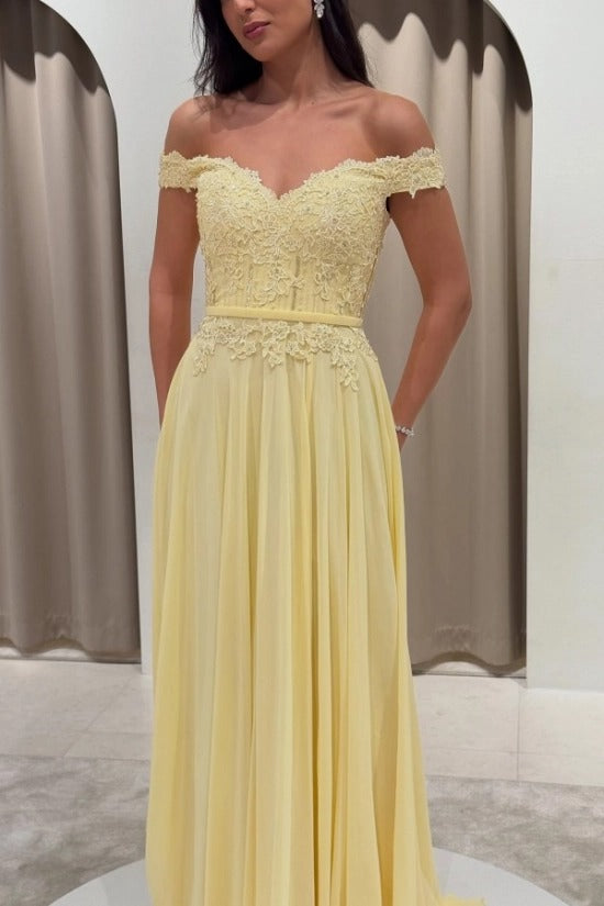 Chiffon Off-the-Shoulder A-Line Evening Dress Sweetheart Lace Applique Corset Side Slit Formal Gown with Pockets