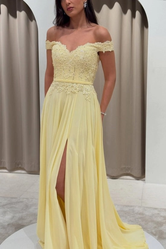 Chiffon Off-the-Shoulder A-Line Evening Dress Sweetheart Lace Applique Corset Side Slit Formal Gown with Pockets