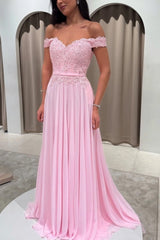 Chiffon Off-the-Shoulder A-Line Evening Dress Sweetheart Lace Applique Corset Side Slit Formal Gown with Pockets