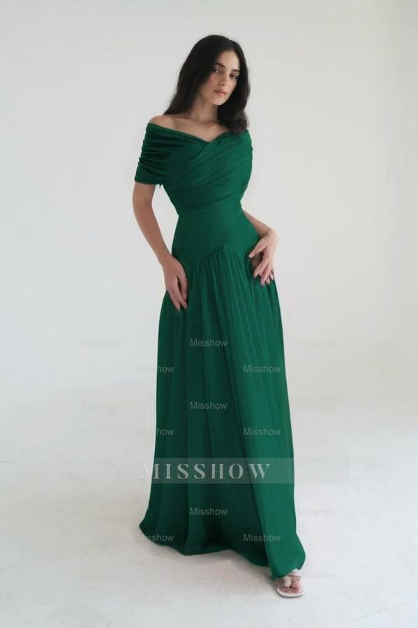 Chiffon Off the Shoulder Sleeveless Long Formal Dress With Pleated