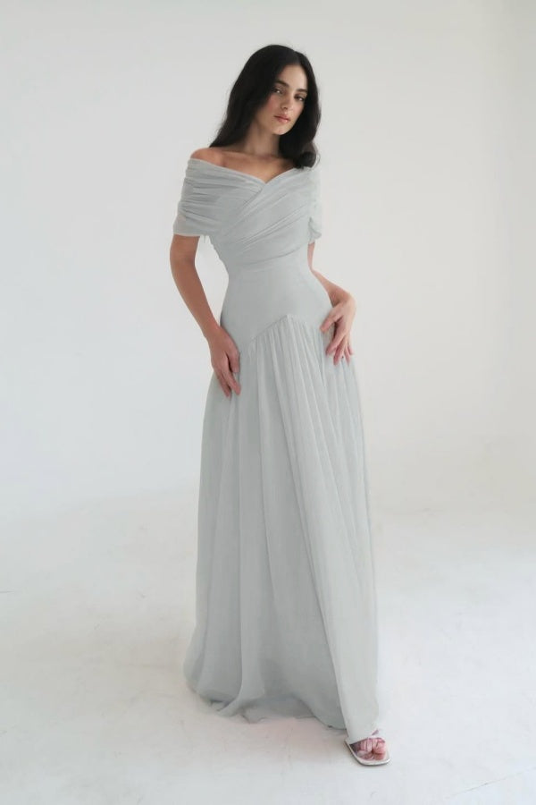 Chiffon Off the Shoulder Sleeveless Long Formal Dress With Pleated