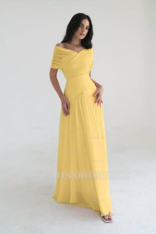 Chiffon Off the Shoulder Sleeveless Long Formal Dress With Pleated