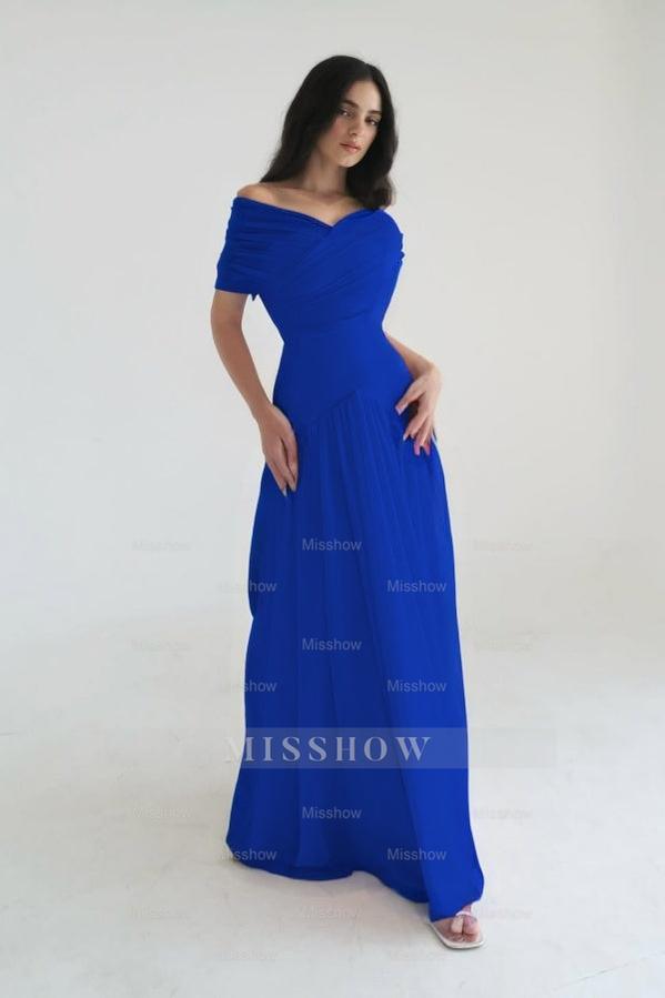 Chiffon Off the Shoulder Sleeveless Long Formal Dress With Pleated