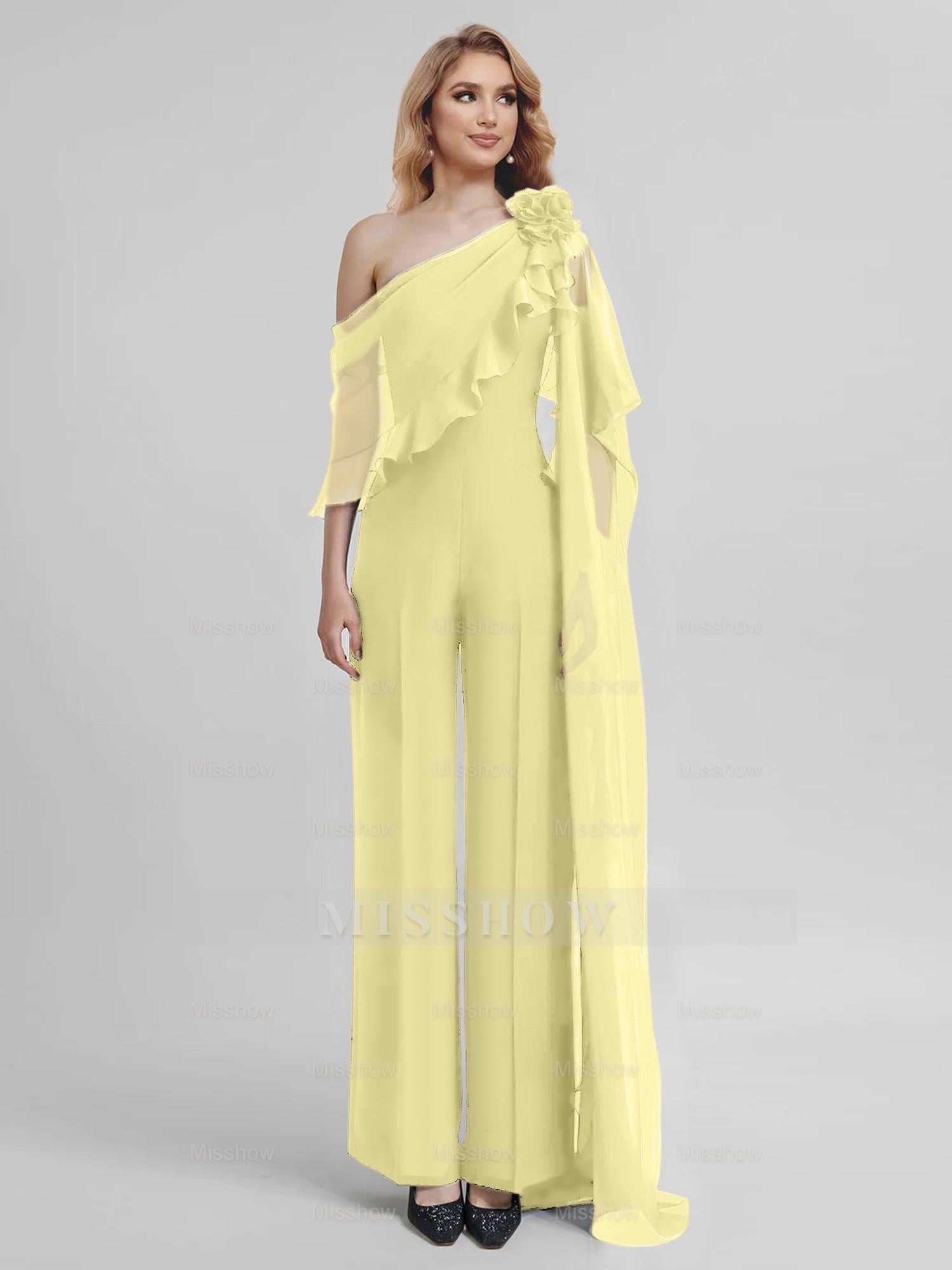 Chiffon One-Shoulder Jumpsuits with Half Sleeves for the Mother of the Bride